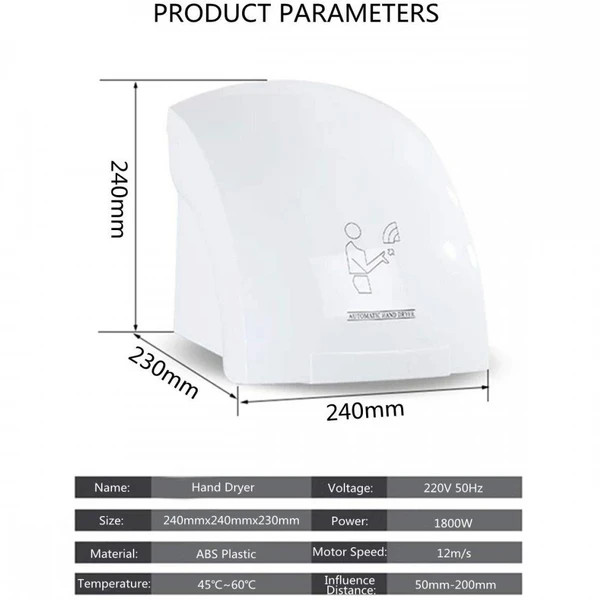 دست خشککن مدل TurboDry 1800W برند Hyshinخشک کردن سریع و بهداشتی بدون تماس دست